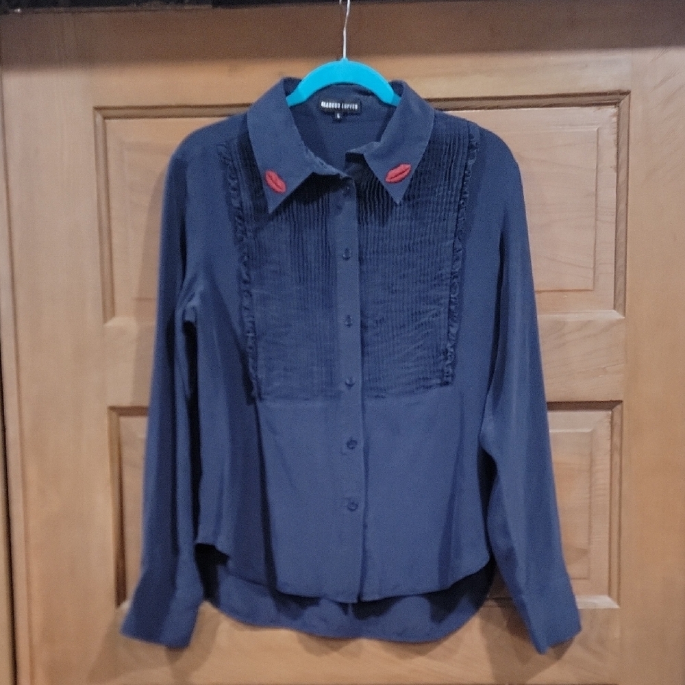 Markus Lupfer Navy Blouse with Scarlet Accents